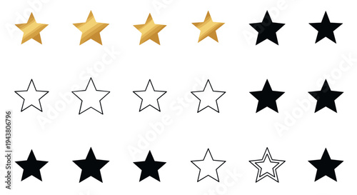 Five star rating system with gold and black stars stars outline and filled stars