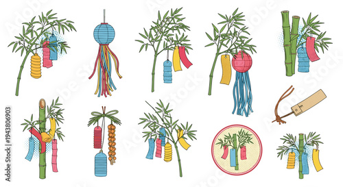 Colorful japanese tanabata festival decorations hanging from bamboo stalks