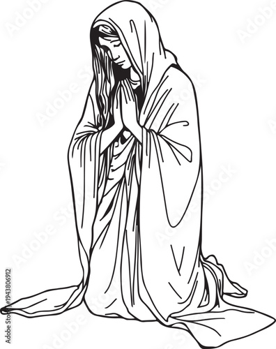 A woman in traditional attire kneeling down in a moment of prayer and reflection.