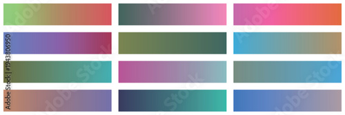 Set of 12 modern gradient vector backgrounds featuring smooth color transitions in vibrant and muted hues, ideal for web design, presentations, and digital art projects.