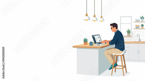 Man working on laptop at kitchen counter with plants and coffee.