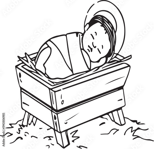 A detailed illustration of a baby lying in a wooden manger, surrounded by hay.
