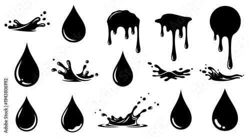 Collection of black ink drops splatters and drips isolated on white background