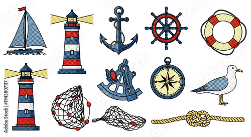Nautical icons collection sailboat lighthouses anchor compass seagull and rope
