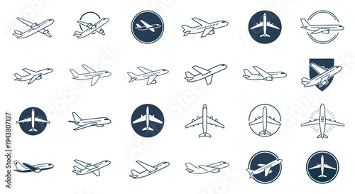 Collection of diverse airplane icons and sketches in various perspectives