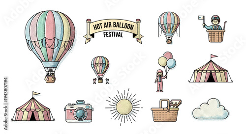 Whimsical hot air balloon festival elements tents sun camera and people in vintage
