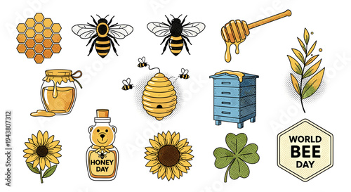Collection of bee and honey related illustrations honeycomb bees hive jar honey