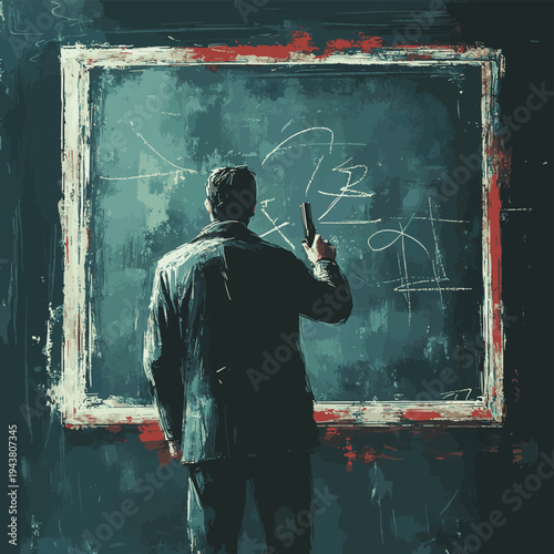 Homicide investigation, detective connecting victims on chalkboard, intense mood, Watercolor style , vector style simple color