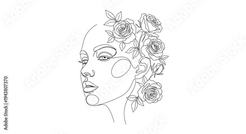Woman's face with floral hair decoration line art beauty elegance flowers in hair minimalist illustration simple yet sophisticated design element
