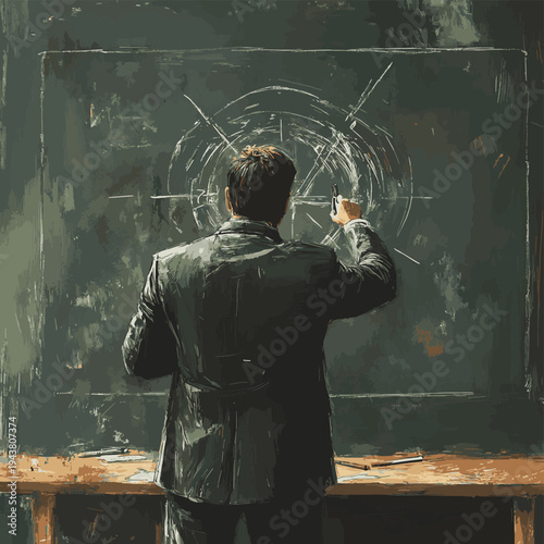 Homicide investigation, detective connecting victims on chalkboard, intense mood, Watercolor style , vector style simple color