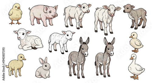 Collection of adorable farm animal babies including chicks piglets calves lambs