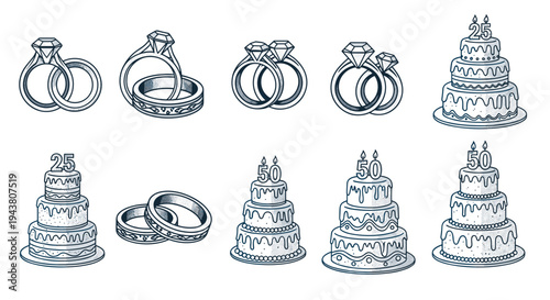 Collection of wedding rings and multi tiered cakes with candles hand drawn sketch