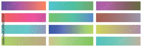 Set of 12 Modern Gradient Color Swatches Vector Collection for UI/UX Design, Web Backgrounds, and Graphic Projects with Smooth Transitions