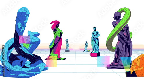 Abstract digital sculptures in vibrant neon colors displayed in a modern gallery