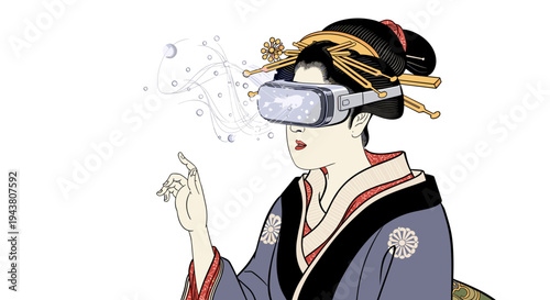 Traditional japanese woman in kimono explores virtual reality with futuristic vr