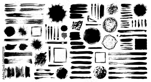 Collection of hand drawn black ink brush strokes splatters and circles on white