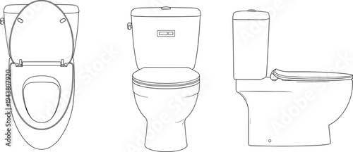 Modern toilet bowl line art showing top, front, and side views, sanitary bathroom fixture vector illustration for plumbing and interior design projects