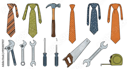 Collection of ties and various tools for construction and repair work father's day