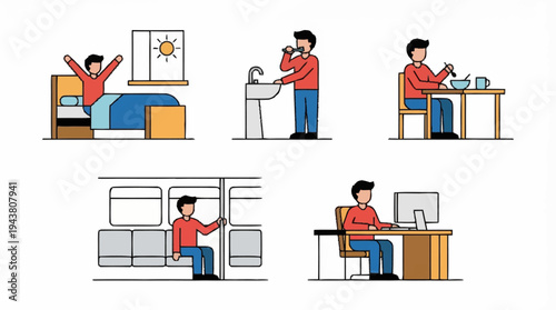 a series of illustrations depicting daily activities at home and office.