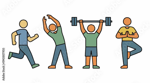 Four people engaging in various fitness activities.