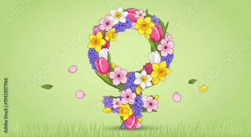 Female symbol made of colorful flowers and petals on green background with grass