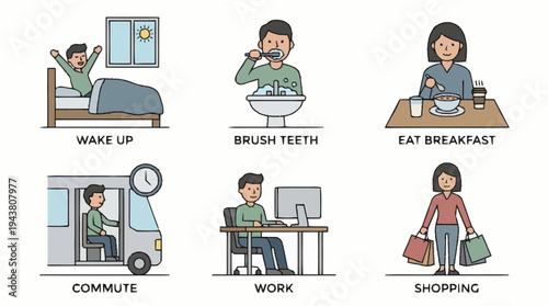 Daily routine activities illustration set.
