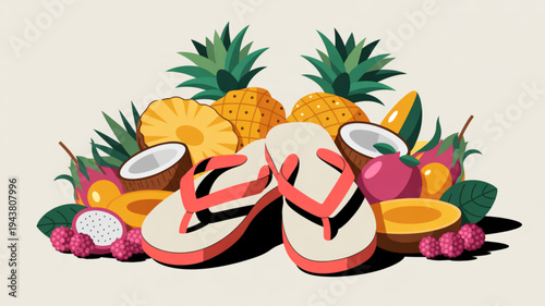 Vibrant summer flip flops surrounded by fresh tropical fruit