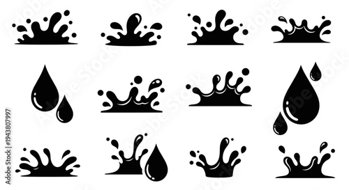 Collection of dynamic black water splash and drip icons on white background