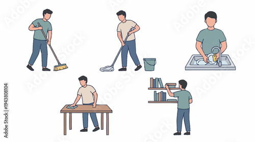 Man performing various cleaning tasks and organizing.