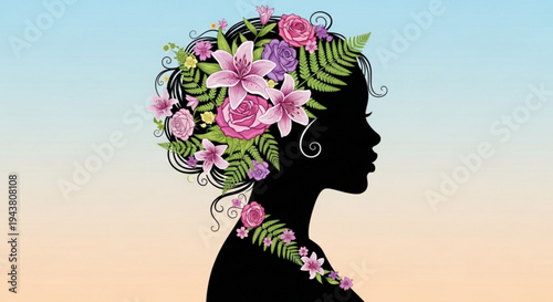 Woman's silhouette with floral hair decoration against pastel background symbolizing beauty and nature