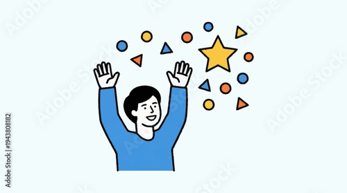 A cartoon person celebrating with colorful shapes.