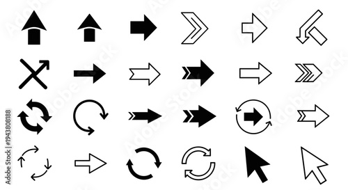 Collection of diverse arrow icons and symbols in various styles directions