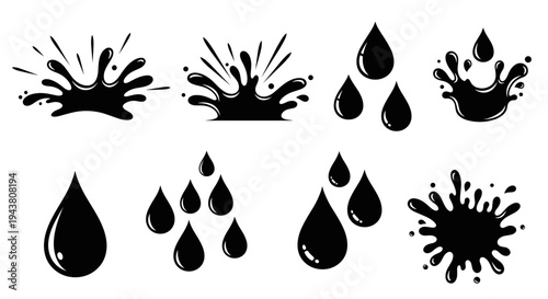 Collection of black ink splatters splashes and drops in various dynamic shapes