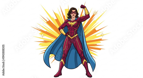 Superhero woman in red and gold costume with blue cape standing strong with fist raised high in front of vibrant yellow and orange sunburst background