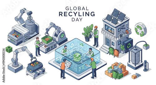 Isometric illustration of people working in recycling facilities and sorting materials on Global Recycling Day with a focus on sustainable practices and waste management.