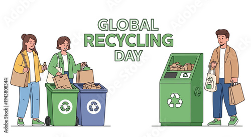 Illustration of people recycling on Global Recycling Day with recycling bins and eco-friendly practices.