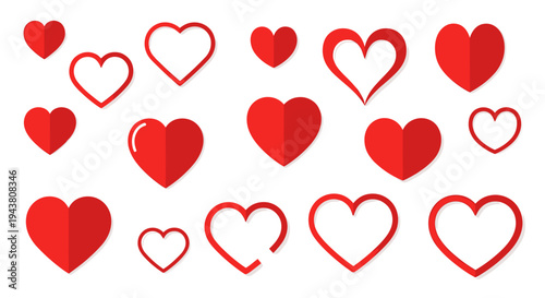 Assortment of red hearts in various styles and sizes on a white background vector
