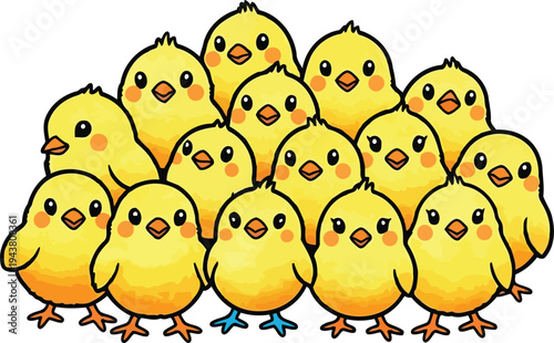 Group of fluffy watercolor hatchlings huddled closely together