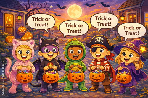 Happy Halloween children in costumes trick or treating with candy buckets under a full moon