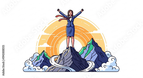 Confident businesswoman standing on mountain peak with arms raised in triumph at sunrise