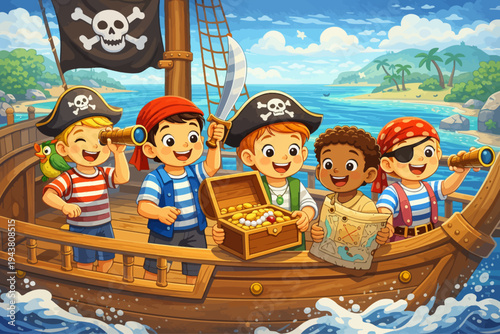 Excited young pirate crew on a thrilling treasure hunt aboard their ship, exploring the high seas with maps and spyglasses for hidden gold on a sunny tropical island adventure