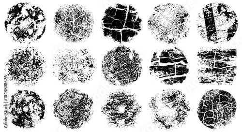 Collection of diverse grunge circular textures with cracked and scratched surfaces