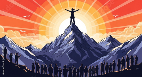 Person standing on mountain peak with arms outstretched crowd below sunset background inspirational scenery achievement concept success triumph victory leadership freedom