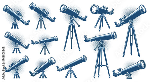 Collection of vintage astronomical telescopes on tripods scientific exploration