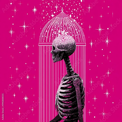 Skeleton in Cage: Surreal Digital Art of Mortality and Confinement