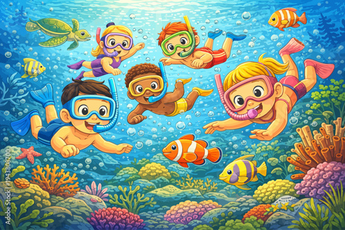 Children enjoying a vibrant underwater snorkeling adventure amidst colorful coral reefs and marine life