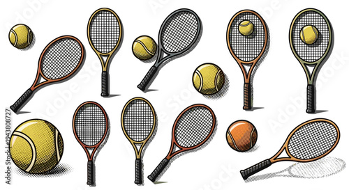 Collection of vintage tennis rackets and balls hand drawn sketch retro sports