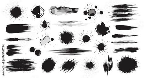 Collection of black ink splatters and brush strokes for creative design elements