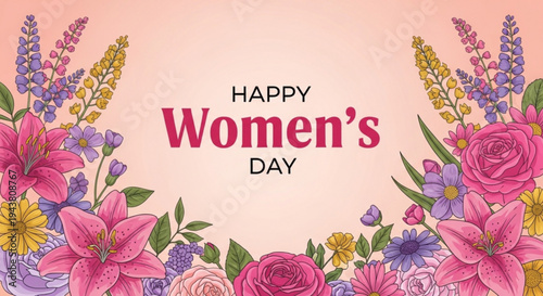 Happy women's day greeting card with colorful flowers on pink background celebration and empowerment concept