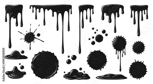 Collection of black ink splatters drips and blobs isolated on white background